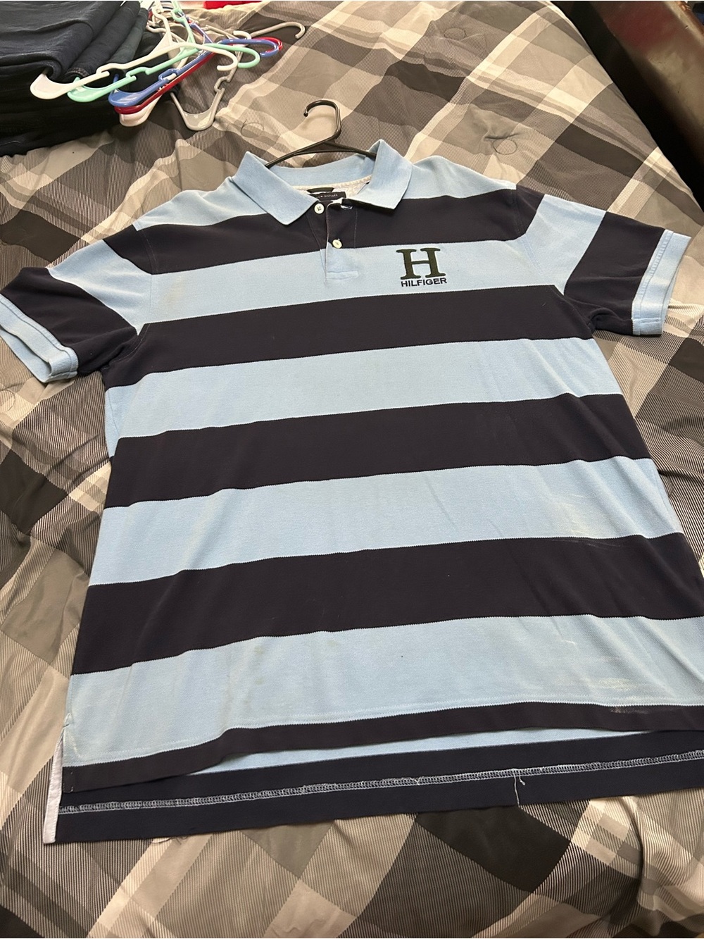 Tommy Hilfiger Men’s Light Blue and Navy Wide Stripe Polo